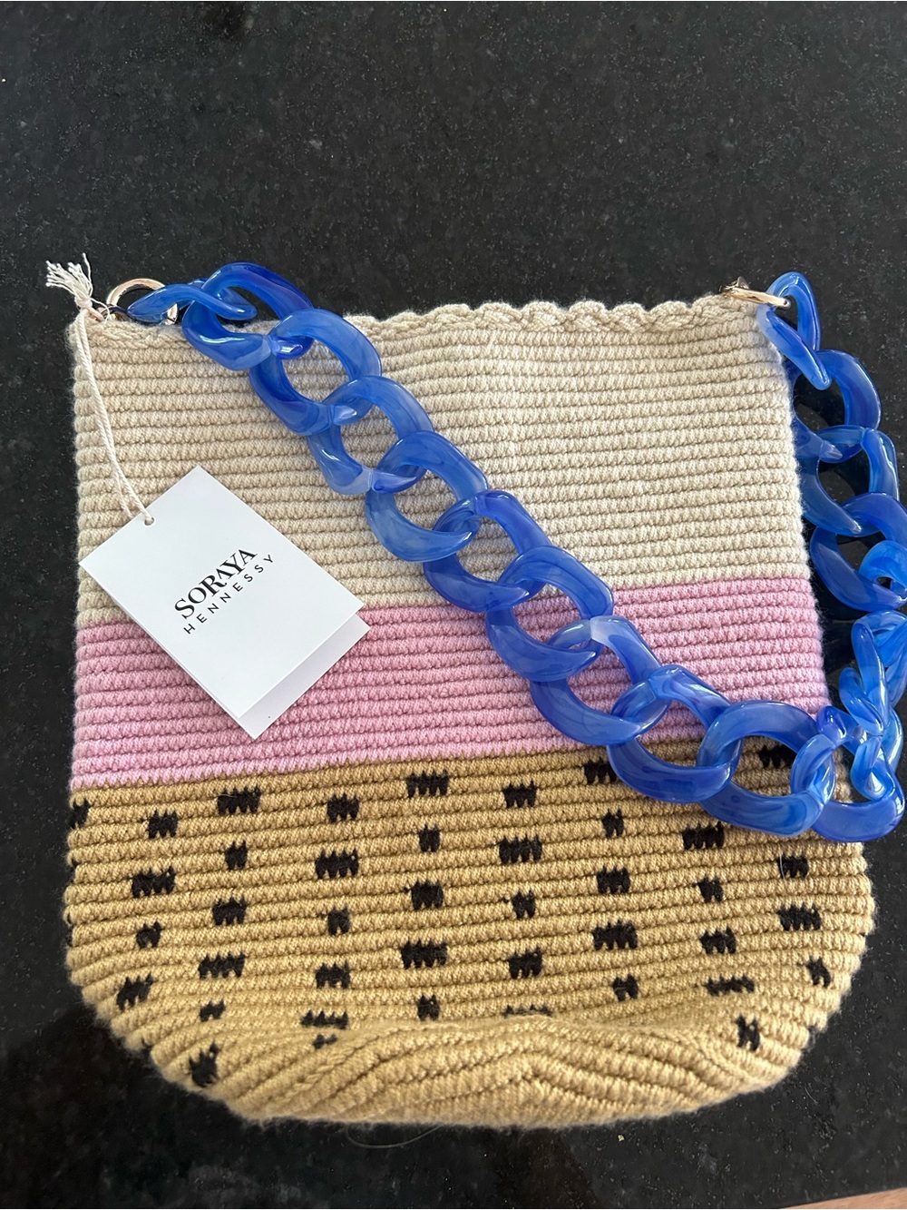 Soraya Hennessy Crochet Bucket Bag in Cream, Pink & Tan with Blue Chain